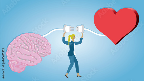 Woman connecting brain and heart. Empathy, locical thinking and social skills. Dimension16:9. Vector illustration.