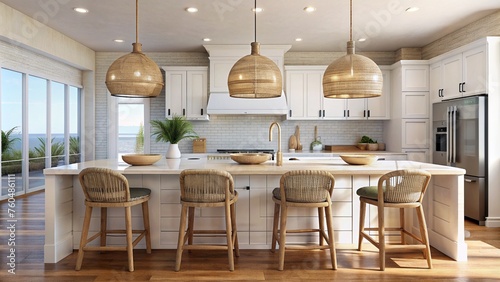 Coastal style kitchen with pendant lights and stylish bar stools looking over deck at the beach photo