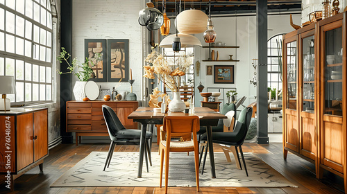 Eclectic dining room featuring a mix of vintage and modern furniture, including a statement dining table, mismatched chairs, and unique pendant lighting
