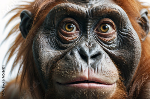 Orangutan with suprised face portrait on isolated backgorund.   