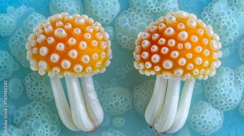 Hypomyces lactifluorum, a mushroom lobster fungus, displayed on a soft pastel colored background photo