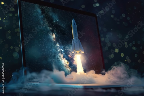 Digital illustration of launching space rocket from laptop screen. Rocket Flying Out of Laptop.