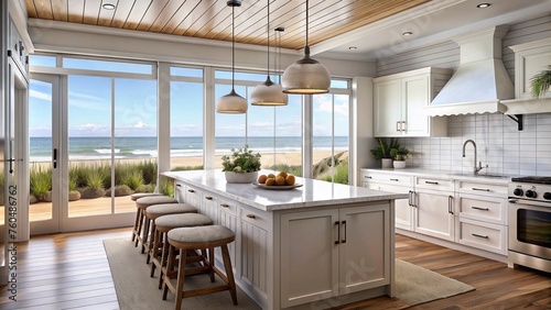 Coastal style kitchen with pendant lights and stylish bar stools looking over deck at the beach