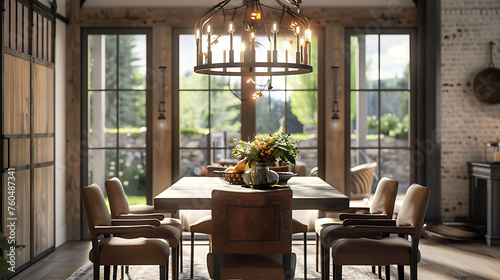 Modern rustic dining room with a farmhouse dining table, leather dining chairs, and a wrought iron chandelier with Edison bulbs © Wardx