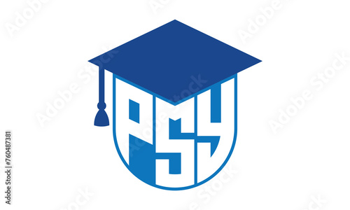 PSY initial letter academic logo design vector template. school college logo, university logo, graduation cap logo, institute logo, educational logo, library logo, teaching logo, book shop, varsity