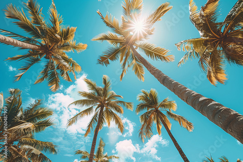 Tropical palm trees against a clear blue sky with sun flare. Summer vacation and travel concept. Design for poster, postcard, and tourism advertisement, Generative ai