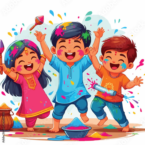 Kids Playing colorful Holi festival 