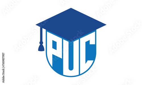 PUC initial letter academic logo design vector template. school college logo, university logo, graduation cap logo, institute logo, educational logo, library logo, teaching logo, book shop, varsity photo