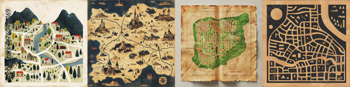 Collection of modern, colorful old medieval country maps layout with street plan.