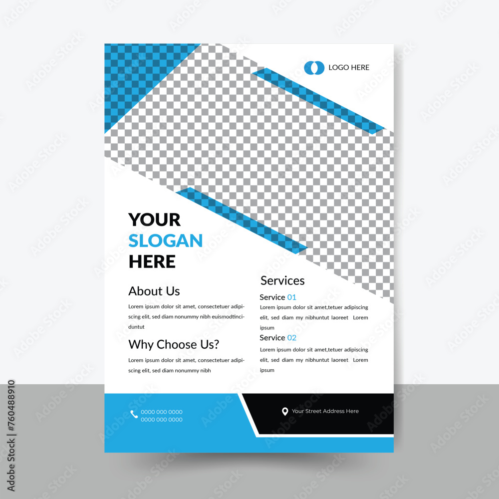 Flyer template layout vector design. Corporate business annual report, poster, Corporate Presentation, Flyer, Layout modern with Geometric shape with  Black and Blue Color
