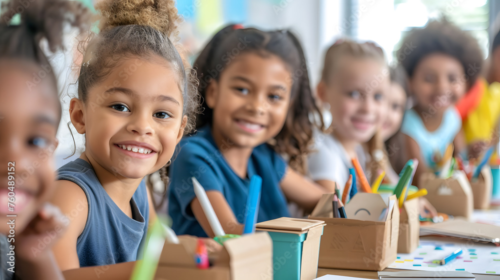 A group of children using eco-friendly school supplies in a classroom, with details of the children's happy faces, the bright classroom, and the sustainable products. A group of children using eco-friendly school supplies in a classroom, with details of the children's happy faces, the bright classroom, and the sustainable products.