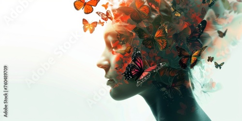 abstract art image of a womans face with butterflies flying around. abstract illusional image.  © CreativeCreations