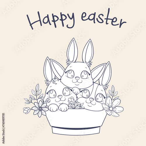 Vector greeting card with cute bunnies in nice pastel colors and Happy Easter. A versatile illustration suitable for printing or coloring. There is space for your unique text here.