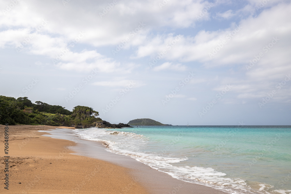 Lonely, wide sandy beach with a turquoise sea. Tropical plants of a bay in sunshine in the Caribbean. Plage de Cluny, Basse Terre, Guadeloupe, French Antilles,