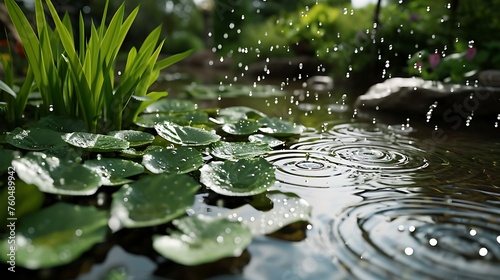 Tranquil Ripples  Raindrops Enhancing a Garden Pond     
