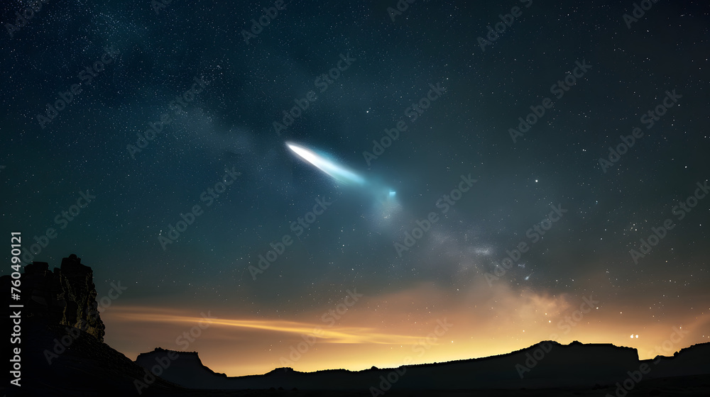 A flamboyant comet streaks across the night sky - obrazy, fototapety, plakaty 