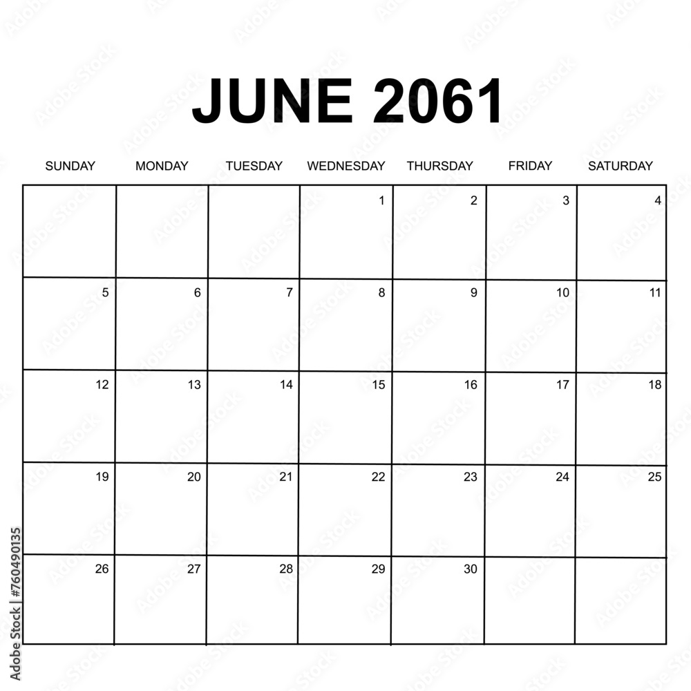 june 2061. monthly calendar design. week starts on sunday. printable, simple, and clean vector design isolated on white background. - obrazy, fototapety, plakaty 
