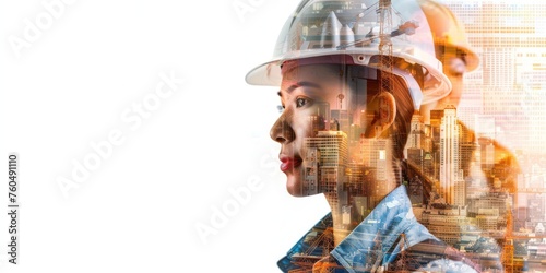 Collage of modern engineers at work, office, architects, white background