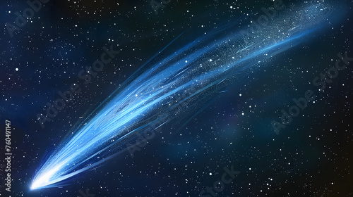 A comet streaking across the night sky, captured in high-definition photography. The comet's tail glows brightly against the dark expanse, with vibrant blues and whites contrasting sharply with the de photo