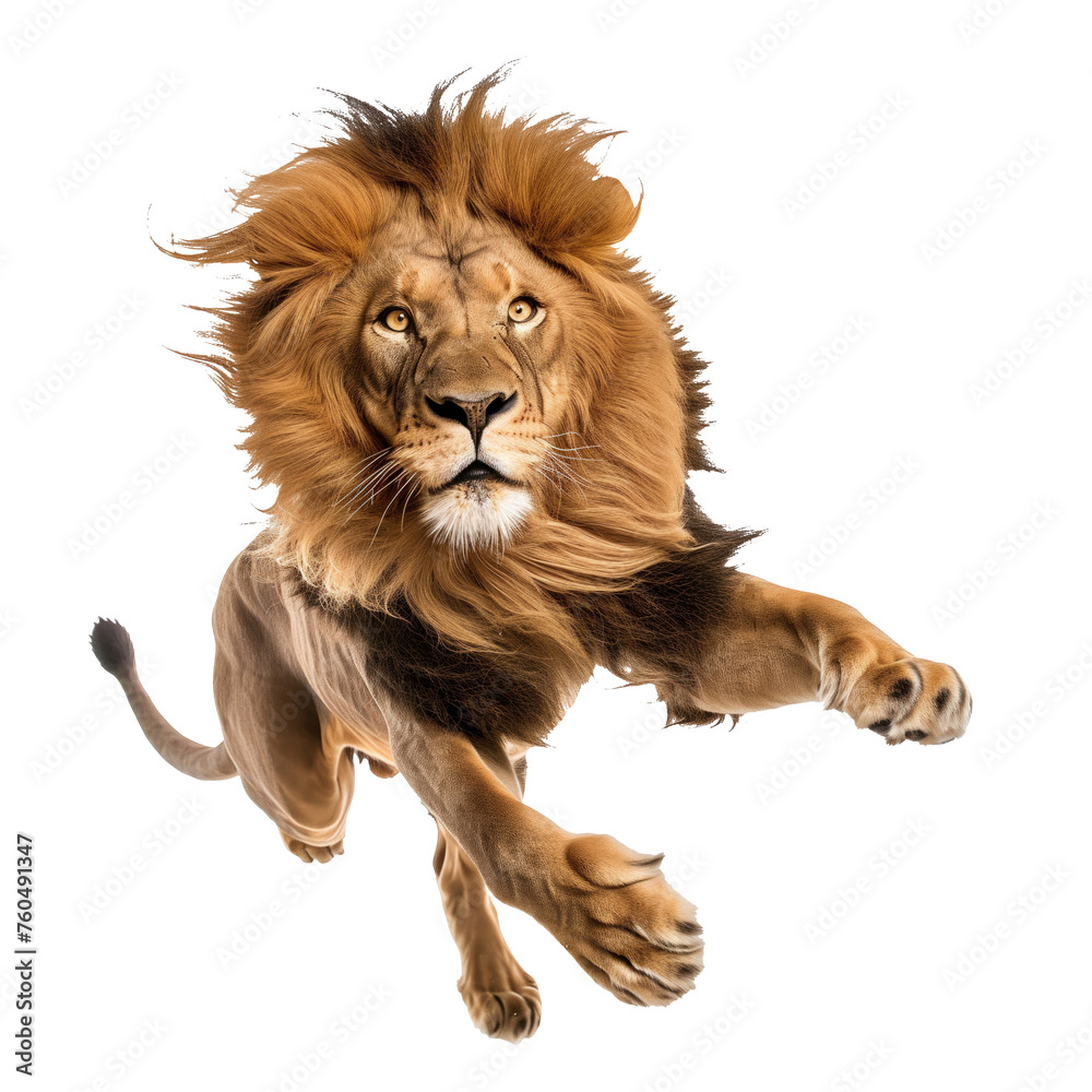Fototapeta premium A jumping lion in white background