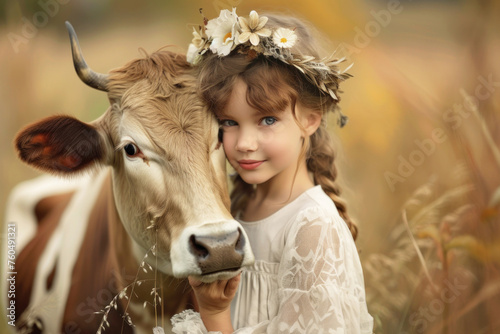 adorable little lady with cow on medow photo