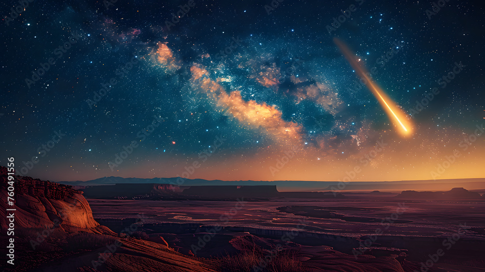 desert at night, stars in sky, asteroid:4 flying across the sky lighting the land up beneath it, stunning, 132k HDR
