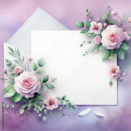Blank wedding card template – Watercolor wedding invitation mockup with rose decorations