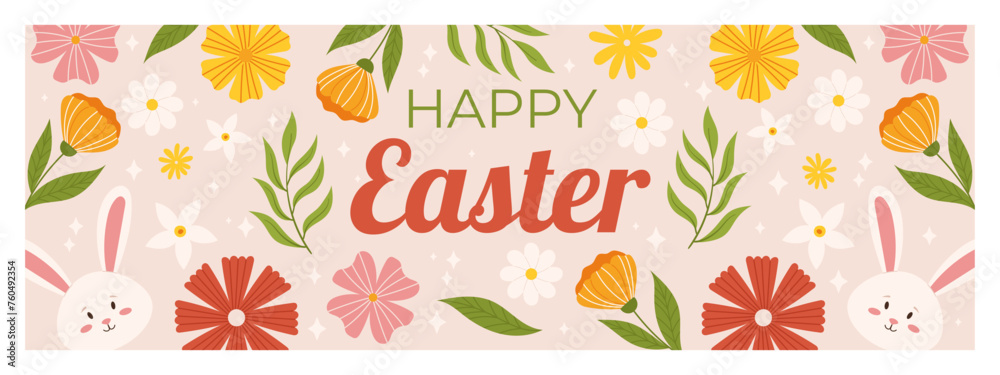 Happy Easter horizontal banner template. Design with cute bunny, flowers and leaves around. - obrazy, fototapety, plakaty 