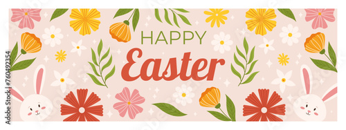 Happy Easter horizontal banner template. Design with cute bunny, flowers and leaves around.