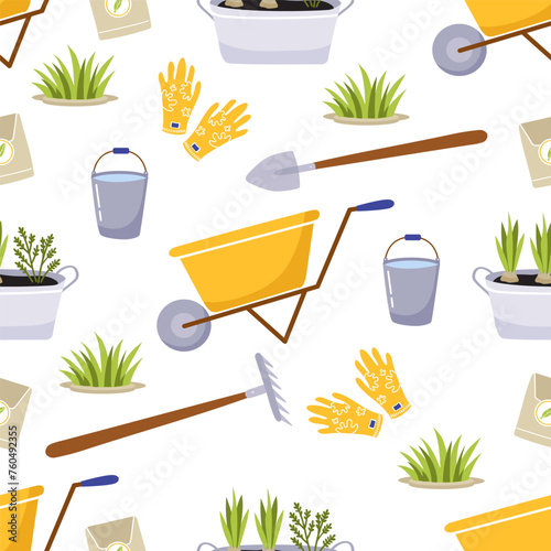 Spring gardening seamless background pattern. Set of bright elements -  wheelbarrow, gardening tools, grass, seeds. 