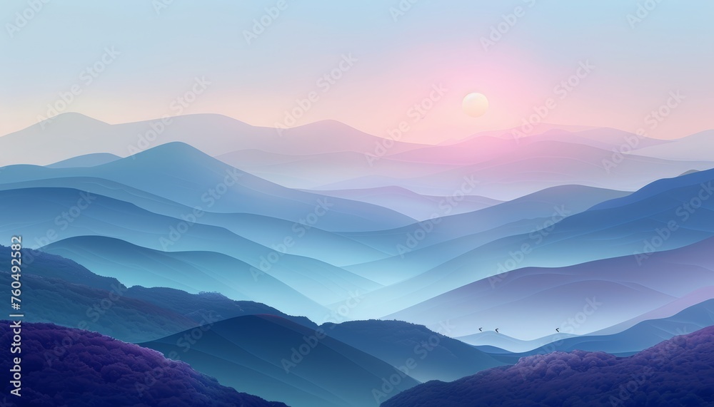 Tranquil pastel sunrise in minimalist 3d abstract landscape with gentle rolling hills