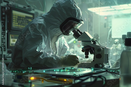 Innovative Scientist Diligently Examining Microchip Detail in State-of-the-art Laboratory