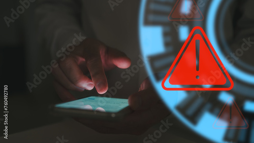 internet network security concept, man using smartphone with triangle warning sign developer with triangle caution warning sign for notification error and maintenance, e-document data protection