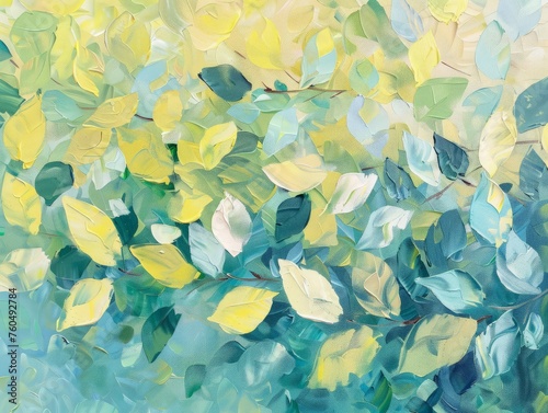 A painting displaying vibrant yellow leaves on a lush green background, creating a striking contrast in colors