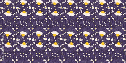 Continuous Seamless motif with daisies in midnight purple tones. Chamomile repeats on a purple background