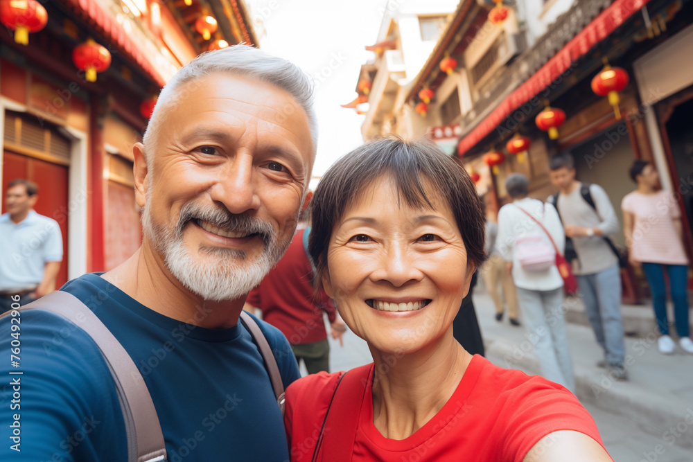 Fototapeta premium Mature Couple Selfie Street China Concept