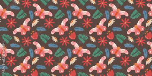 Seamless design with a whimsical moth, flowers, and leaves. Scandi style delicate folk recurring pattern suitable for printing on fabric, wrapping paper, and other applications