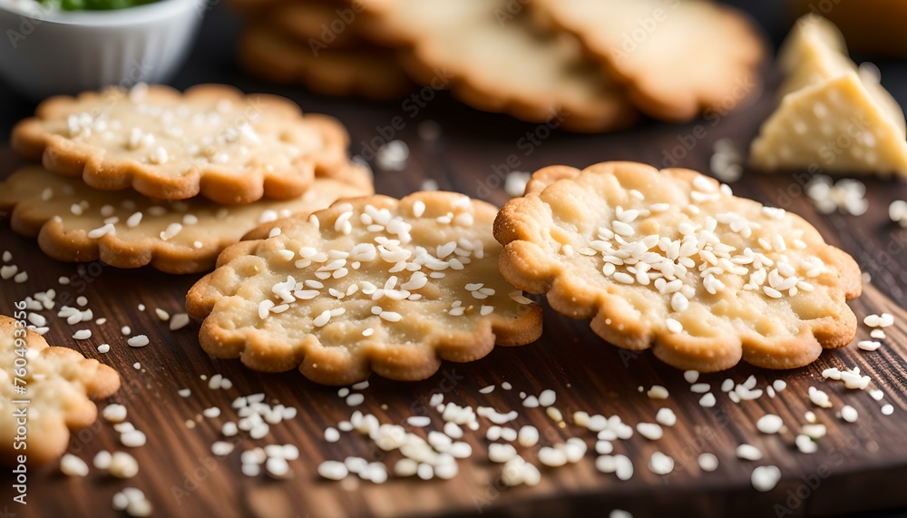 Salty cheese and sesame seeds crackers on a wooden board
