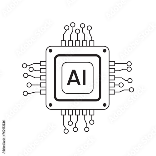 Vector computer electronic chip line AI icon. Outline microchip processor artificial intelligence, cpu, iot, big data isolated on white background photo