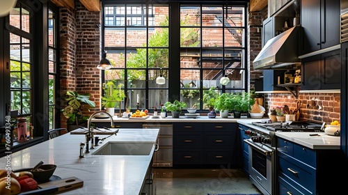Innovative Industrial Kitchen Space Marrying White and Navy Blue Cabinetry with Reclaimed Brick Walls and Greenery