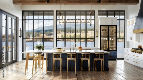 Industrial Luxury Kitchen Overlooking Serene Lake Vista