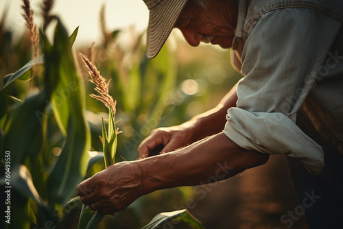 farmer harvesting corn in the cornfield bokeh style background