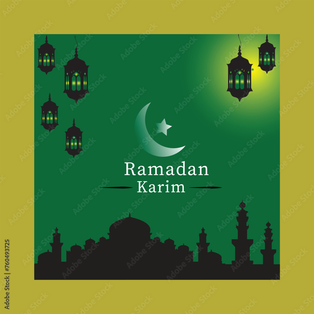 Green background Ramadan Karim with mosque , mon and star 