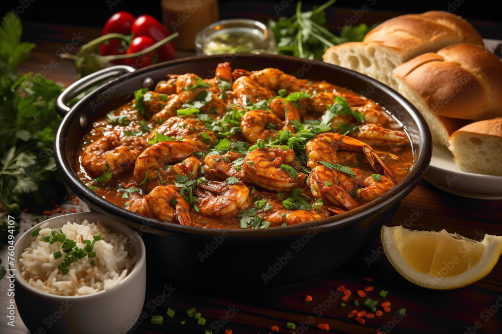An overhead view of a steaming bowl of rich and flavorful seafood gumbo, filled with shrimp, crab, and a medley of Cajun spices