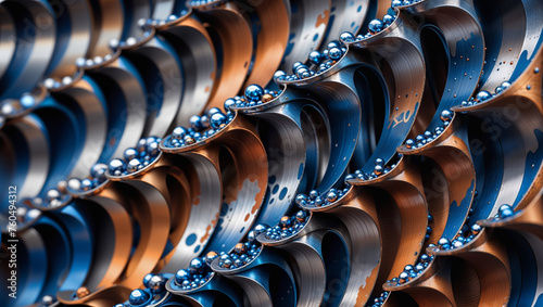 Abstract industrial metal chrome balls and wavy carved cutout ridges pattern with smooth shiny grunge texture with anodized blue and copper brown colors, macro closeup background. photo
