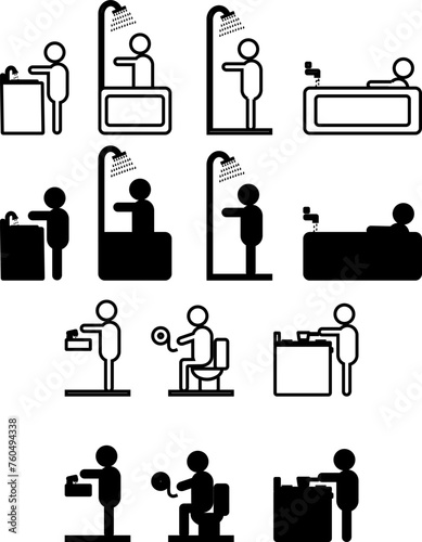 Line art drawing of silhouette person performing tasks in kitchen and bath
