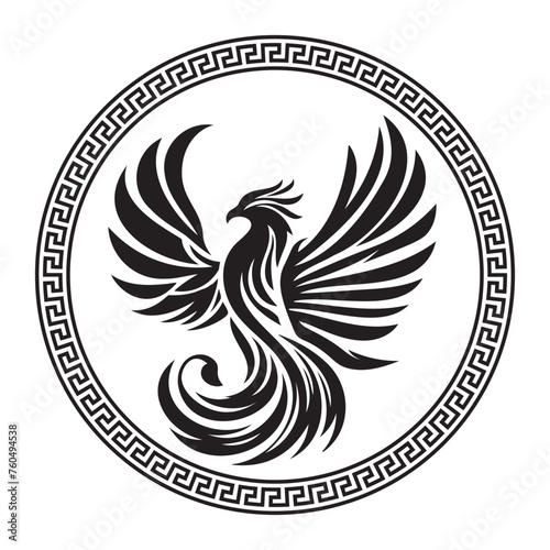 Circular design with Phoenix sketch art for stamps, logos, tattoos, and printing
