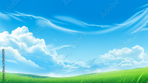 Green grass lawn with clouds on blue sky 