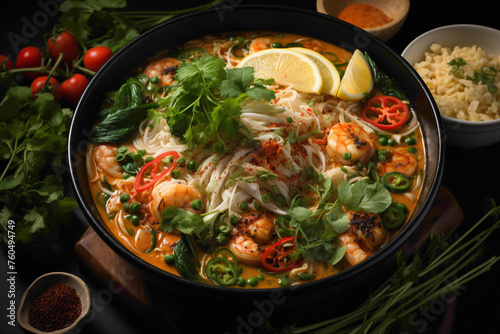 An overhead view of a steaming bowl of rich and flavorful seafood laksa soup, garnished with cilantro and lime