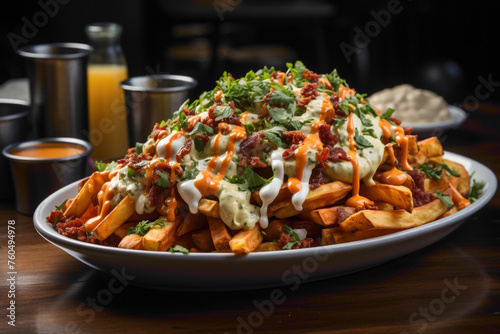 A tempting plate of loaded sweet potato fries, topped with melted cheese, crispy bacon, and a drizzle of spicy sriracha mayo
